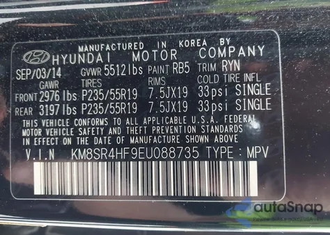 2014 Hyundai Santa Fe Limited from USA, damaged, VIN KM8SR4HF9EU088735